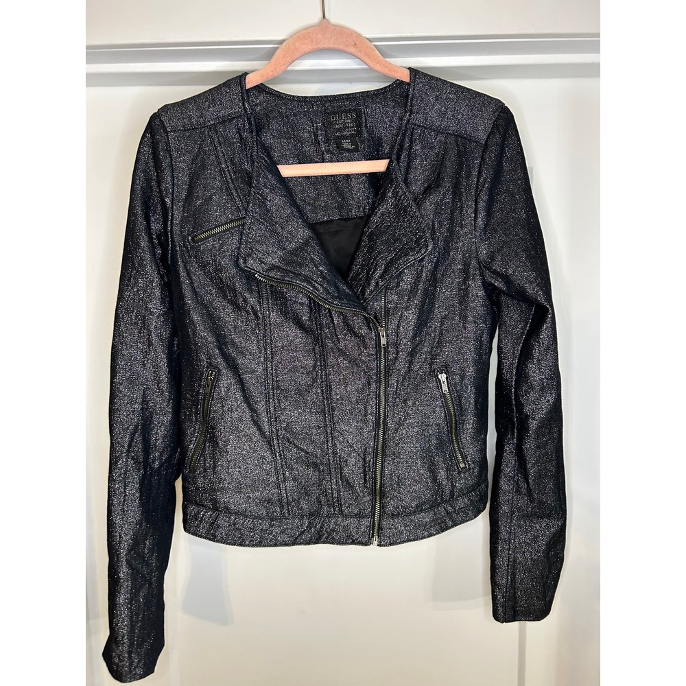 Guess Collarless Metallic Moto Jacket Black‎ Silver Shimmer Medium Glam Biker